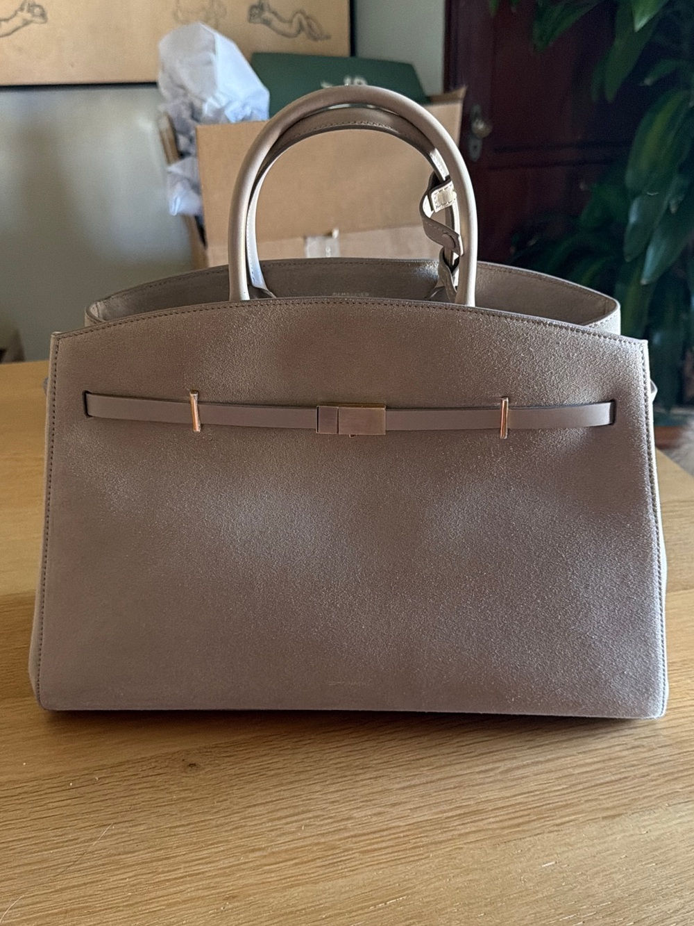 Demellier Taupe Structured Suede Top-Handle Bag with Shoulder Strap - Picture 2 of 2